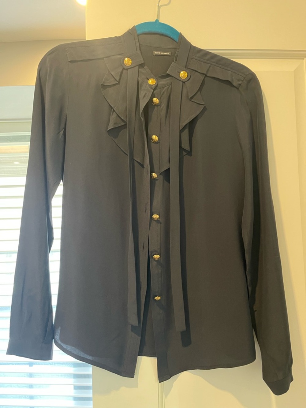 Club Monaco Navy Silk Ruffle-Neck Blouse with Gold Buttons